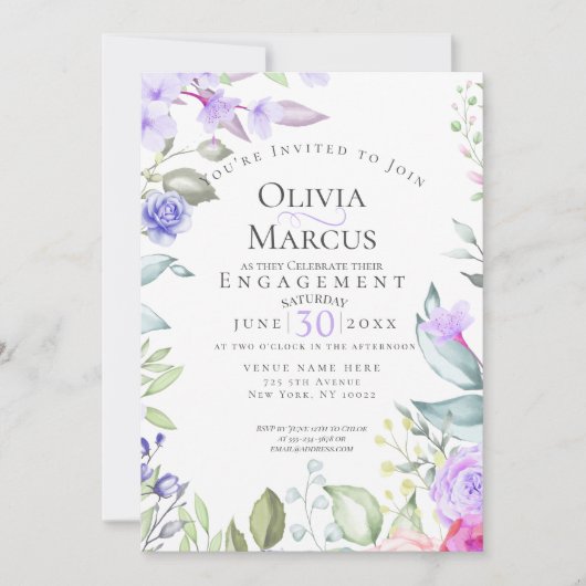 婚約 |ピンクと薄紫のフローラフレーム 招待状 (正面)