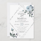 婚約 |水彩ほこりっぽいブルーフローラシルバー 招待状 (正面)