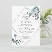 婚約 |水彩ほこりっぽいブルーフローラシルバー 招待状 (スタンド正面)