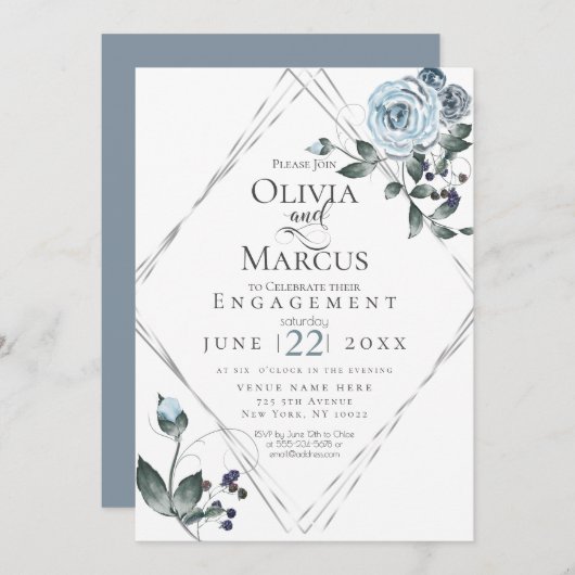 婚約 |水彩ほこりっぽいブルーフローラシルバー 招待状 (正面/裏面)