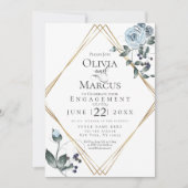 婚約 |水彩ほこりっぽい青フローラ 招待状 (正面)