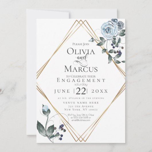 婚約 |水彩ほこりっぽい青フローラ 招待状 (正面)