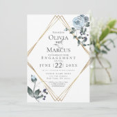 婚約 |水彩ほこりっぽい青フローラ 招待状 (スタンド正面)