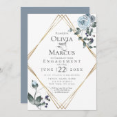 婚約 |水彩ほこりっぽい青フローラ 招待状 (正面/裏面)