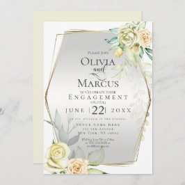 婚約 |水彩アイボリー黄赤面バラ 招待状