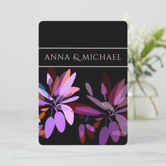 婚約/鮮やかな紫、ピンクと黒の花 招待状 (スタンド正面)