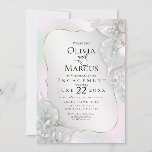 婚約 | Wispy Pink Shimmery葉 招待状 (正面)