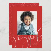 嬉しい脚本モダン赤1枚の写真クリスマス シーズンカード (正面/裏面)