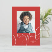 嬉しい脚本モダン赤1枚の写真クリスマス シーズンカード (スタンド正面)