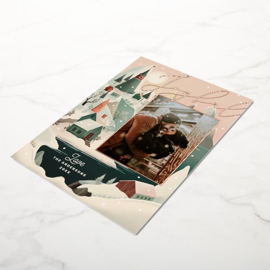 嬉しい。金ゴールドの山の村の風景 箔シーズンカード (回転した状態)