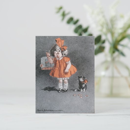 子おもしろいどもと生意気な猫のヴィンテージアンティーク ポストカード (スタンド正面)