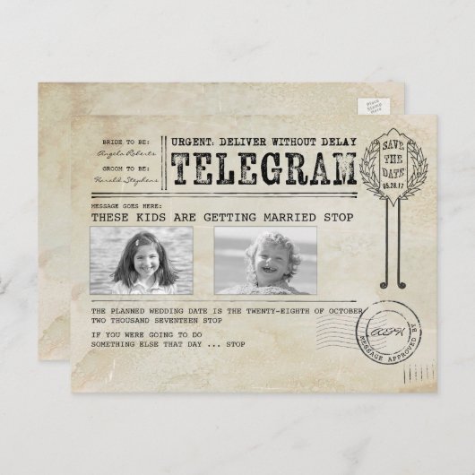 子おもしろいども時代の写真 | 日付電報の保存 案内ポストカード (正面/裏面)