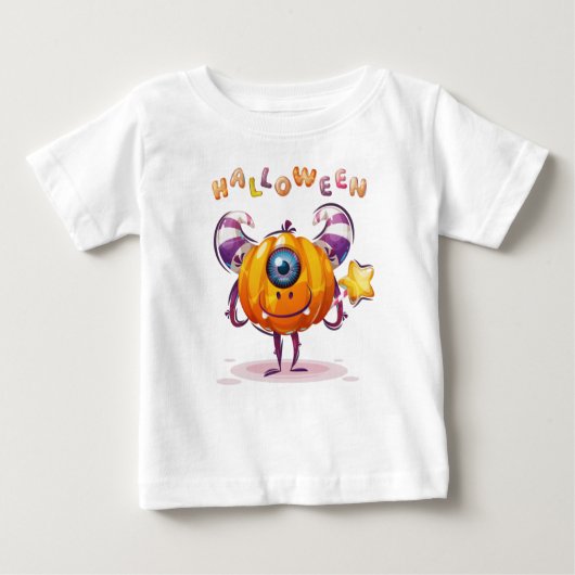 子おもしろい供ハロウィーンカボチャと魔法杖 ベビーTシャツ (正面)