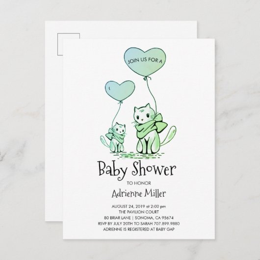 子お洒落猫と風船の男の子シャワー インビテーションポストカード (正面/裏面)