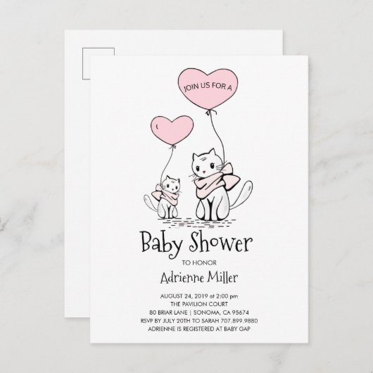子お洒落猫と風船ガールベイビーシャワー インビテーションポストカード (正面/裏面)