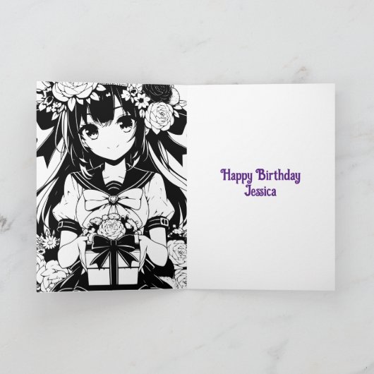 子かわいらし猫とお誕生日ケーキのアニメ女の子 カード (内部)