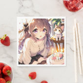 子かわいらし猫とお誕生日ケーキのアニメ女の子 スタンダードランチョンナプキン (インサイチュ)
