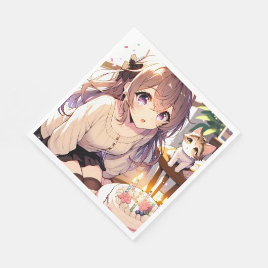 子かわいらし猫とお誕生日ケーキのアニメ女の子 スタンダードランチョンナプキン (角)