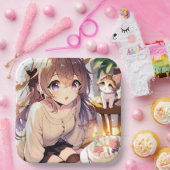 子かわいらし猫とお誕生日ケーキのアニメ女の子 ペーパープレート (パーティー)