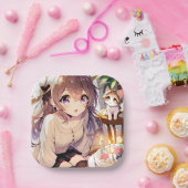 子かわいらし猫とお誕生日ケーキのアニメ女の子 ペーパープレート (パーティー)