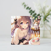 子かわいらし猫とお誕生日ケーキのアニメ女の子 招待状 (スタンド正面)