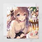 子かわいらし猫とお誕生日ケーキのアニメ女の子 招待状 (正面)