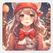 子かわいらし猫のクリスマスを抱えるアニメの少女 スクエアシール (正面)