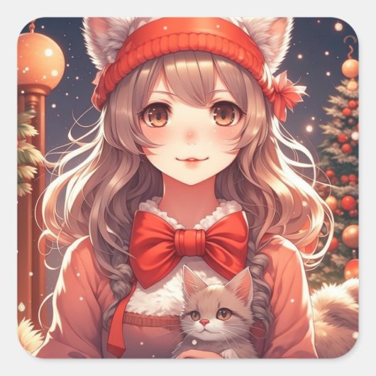 子かわいらし猫のクリスマスを抱えるアニメの少女 スクエアシール (正面)