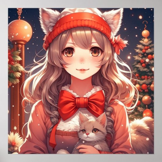 子かわいらし猫のクリスマスを抱えるアニメの少女 ポスター (正面)