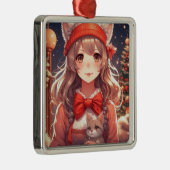 子かわいらし猫のクリスマスを抱えるアニメの少女 メタルオーナメント (右)