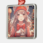 子かわいらし猫のクリスマスを抱えるアニメの少女 メタルオーナメント (左)