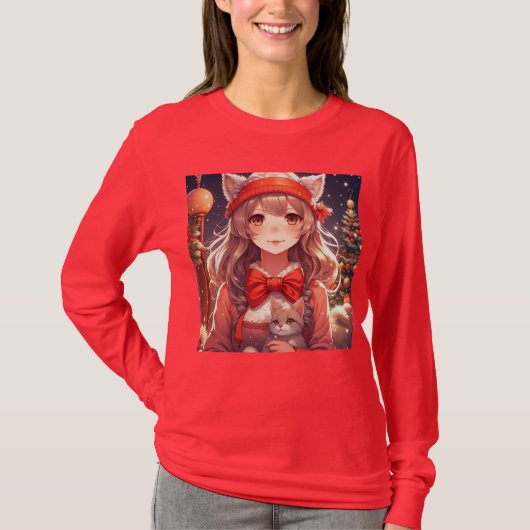 子かわいらし猫のクリスマスを抱えるアニメの少女 Tシャツ (正面)