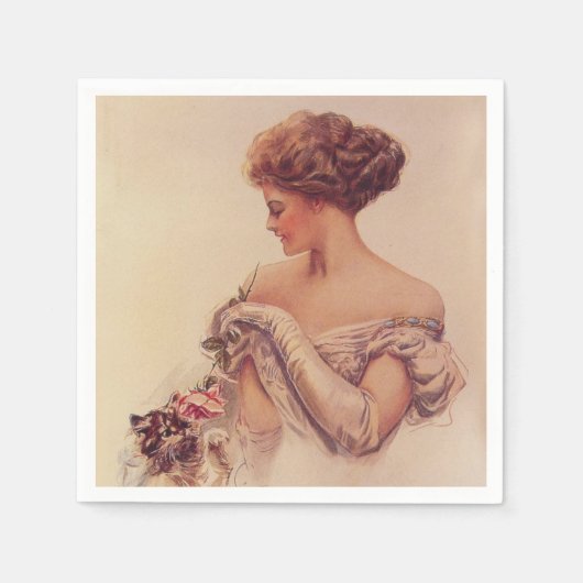 子かわいらし猫を抱いている女性（ハリソン・フィッシャー著） スタンダードカクテルナプキン (正面)