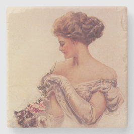 子かわいらし猫を抱いている女性（ハリソン・フィッシャー著） ストーンコースター