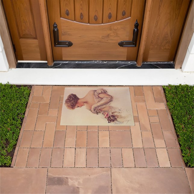 子かわいらし猫を抱いている女性（ハリソン・フィッシャー著） ドアマット (室外)