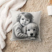 子と犬の無邪気なキャプチャされたスケッチ効果 クッション (ブランケット)