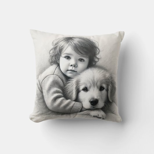 子と犬の無邪気なキャプチャされたスケッチ効果 クッション (正面)