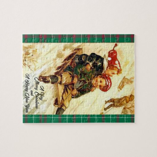 子どもおもしろいそりヴィンテージ見るメリークリスマス ジグソーパズル (横)