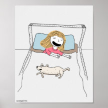 子どもおもしろいのポスターの女の子と犬が一緒にベッド