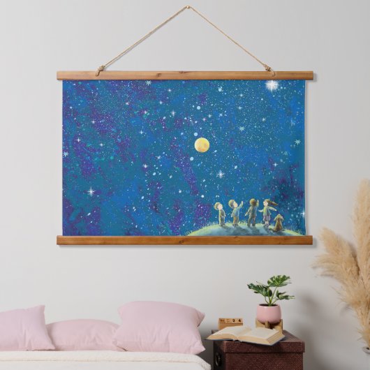 子どもたちが夜空を見る 吊り下げ型タペストリー (寝室)