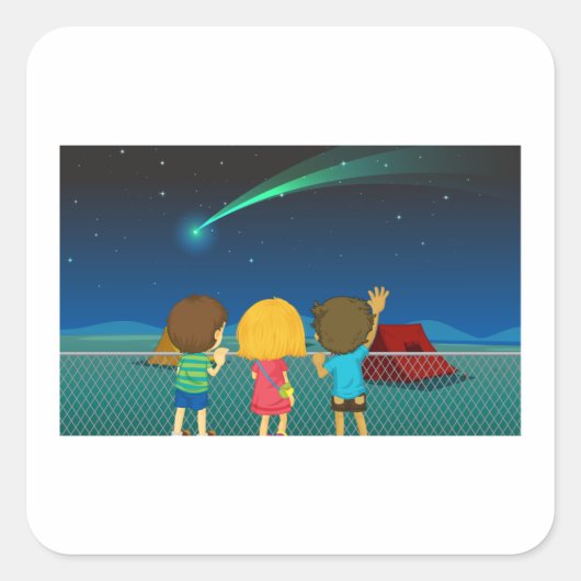 子どもたちが彗星の四角いステッカーを見る スクエアシール (正面)