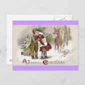 子どもたちが雪の日に鹿に出会うヴィンテージ ポストカード (正面/裏面)