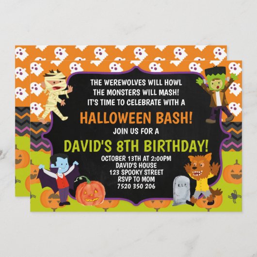 子どもたちのハロウィーンの誕生日パーティーの不気味衣装 招待状 (正面/裏面)