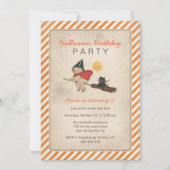 子どもたちのハロウィーン誕生パーティー、かわいい魔女のほうき猫 招待状 (正面)