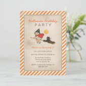 子どもたちのハロウィーン誕生パーティー、かわいい魔女のほうき猫 招待状 (スタンド正面)