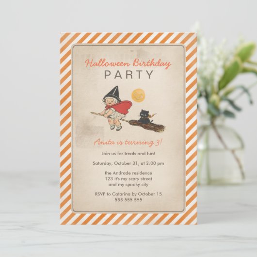 子どもたちのハロウィーン誕生パーティー、かわいい魔女のほうき猫 招待状 (スタンド正面)