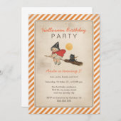 子どもたちのハロウィーン誕生パーティー、かわいい魔女のほうき猫 招待状 (正面/裏面)