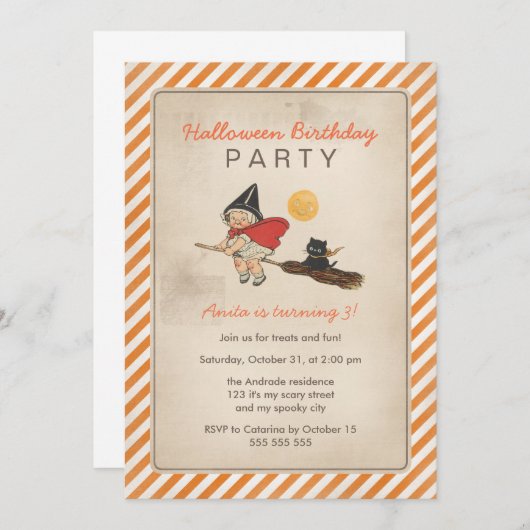 子どもたちのハロウィーン誕生パーティー、かわいい魔女のほうき猫 招待状 (正面/裏面)