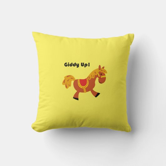 子どもたちの茶色い鞍馬の漫画を目まぐるしく描く クッション (正面)