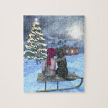 子どもと犬がサンタを見守るパズル